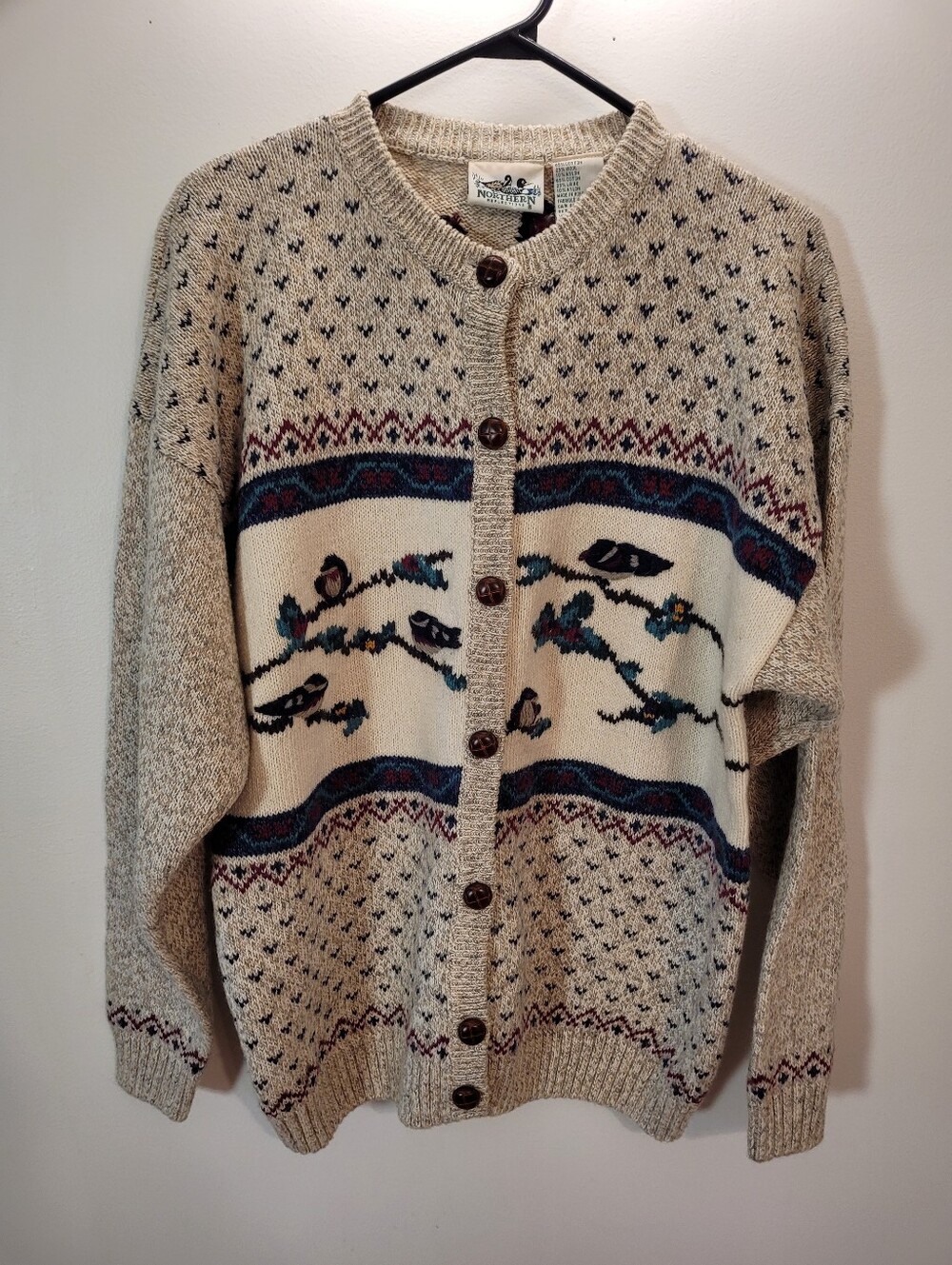 Northern Reflections Vintage Bird Cardigan Sweater Oatmeal Wool Blend - XL